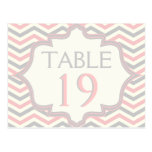 Pink, grey chevron zigzag wedding table number postcards