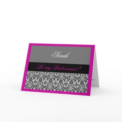 pink & grey damask Be my bridesmaid Cards