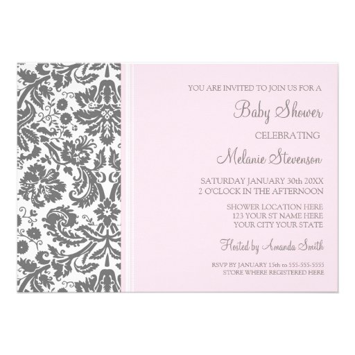 Pink Grey Damask Custom Baby Shower Invitations