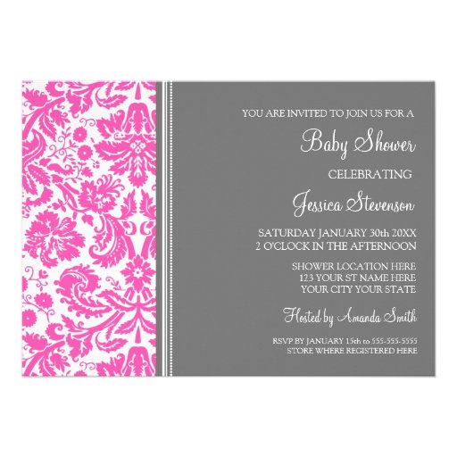 Pink Grey Damask Custom Baby Shower Invitations