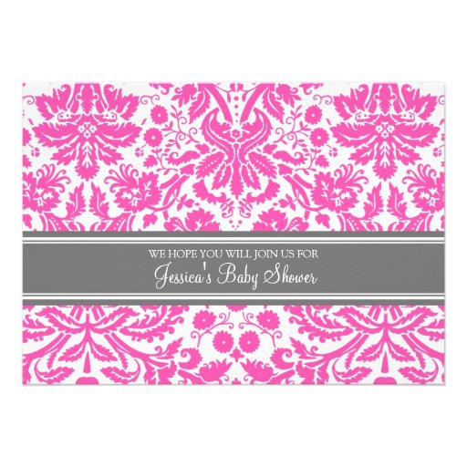Pink Grey Damask Custom Baby Shower Invitations