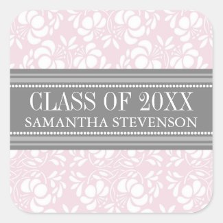 Pink Grey Damask Graduation Custom Year Name Square Stickers