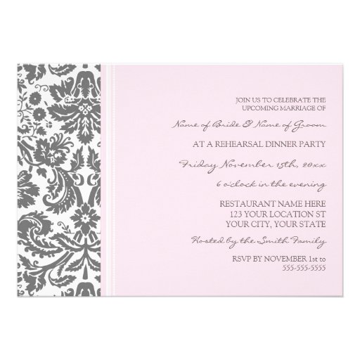 Pink Grey Damask Rehearsal Dinner Party Personalized Invitations