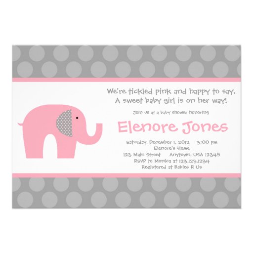 Pink Grey Elephant Baby Shower Invitation