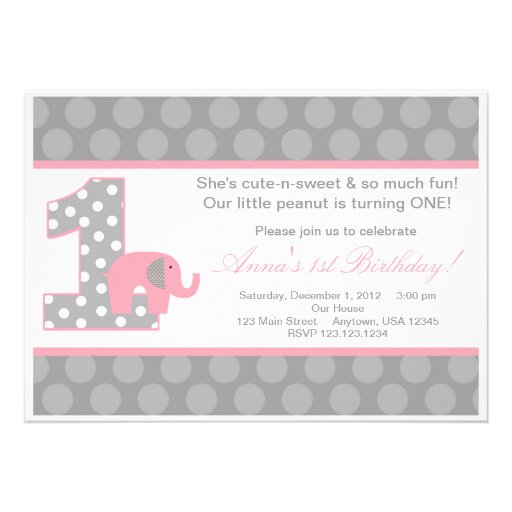 Pink Grey Elephant Birthday Invitation