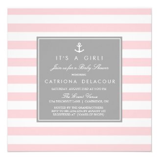 Pink Grey Nautical Stripes Baby Shower Invitation