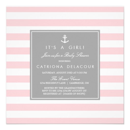 Pink Grey Nautical Stripes Baby Shower Invitation (front side)
