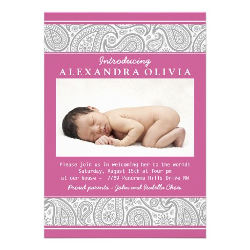 Pink Grey Paisley Photo Sip N See Baby Shower Personalized Invite