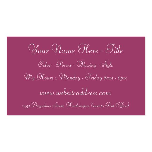 Pink Hair Salon Stylist Beautician Business Cards (back side)