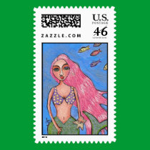Pink-haired Mermaid & Fishies - Underwater stamp