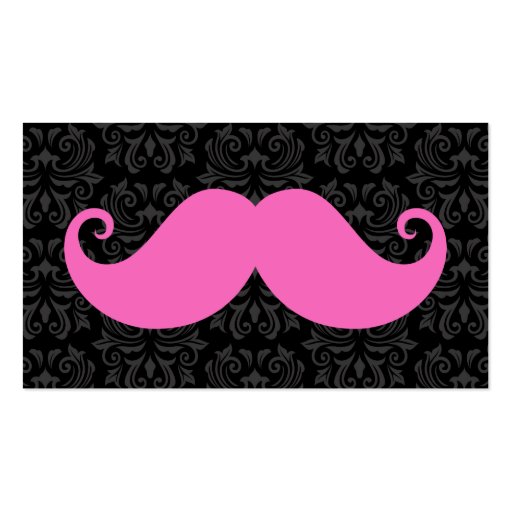 Pink handlebar mustache on black damask pattern business cards (front side)