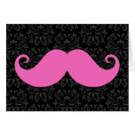 Pink handlebar mustache on black damask pattern cards