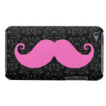Pink handlebar mustache on black damask pattern iPod touch cover