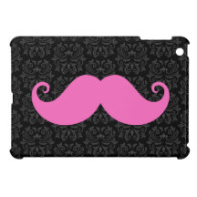 Pink handlebar mustache on black damask pattern iPad mini case