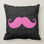 Pink handlebar mustache on black damask pattern throw pillows