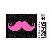Pink handlebar mustache on black damask pattern postage stamps