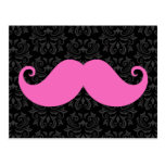 Pink handlebar mustache on black damask pattern postcards