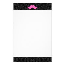 Pink handlebar mustache on black damask pattern custom stationery