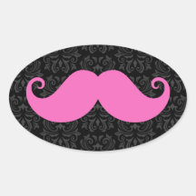 Pink handlebar mustache on black damask pattern stickers
