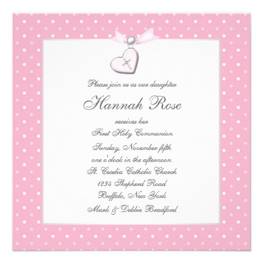 Pink Heart Cross Girls First Communion Custom Invitations