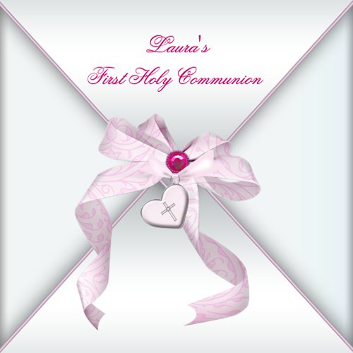 Pink Heart Cross Girls Pink First Communion invitations