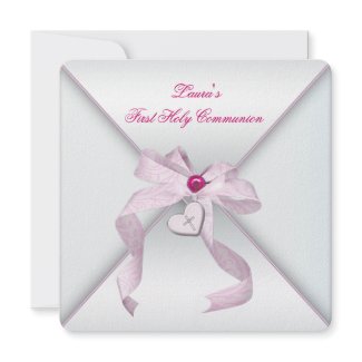 Pink Heart Cross Girls Pink First Communion invitation