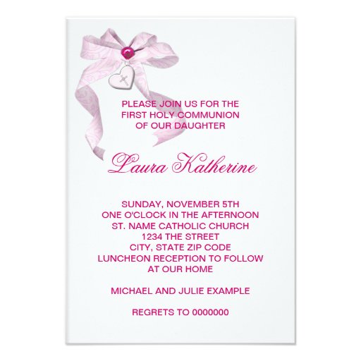 Pink Heart Cross Girls Pink First Communion Custom Invitation