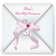 Pink Heart Cross Girls Pink First Communion Custom Invite