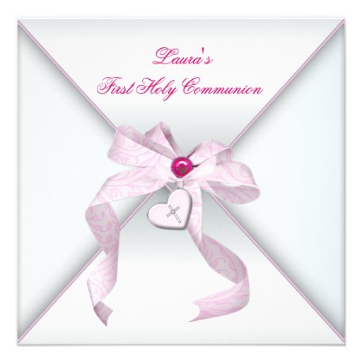 Pink Heart Cross Girls Pink First Communion Custom Invite (front side)
