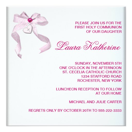 Pink Heart Cross Girls Pink First Communion Custom Invite