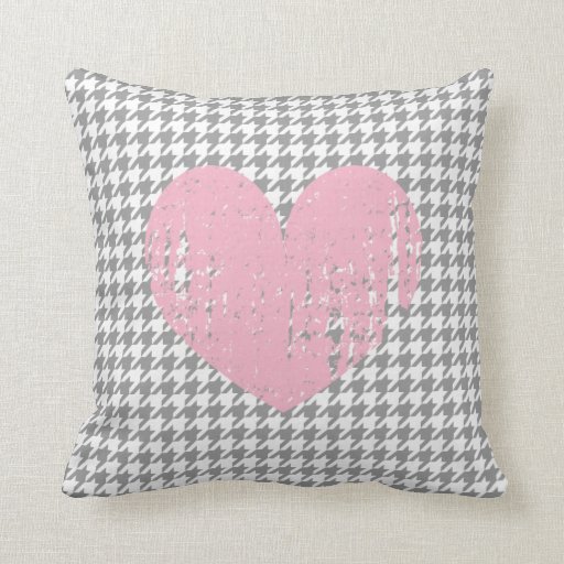 Pink heart & gray houndstooth pattern throw pillow Zazzle