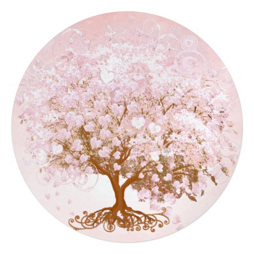 Pink Heart Leaf Tree Wedding Invitations