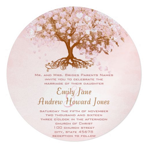 Pink Heart Leaf Tree Wedding Invitations