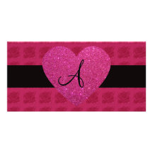 Pink heart monogram roses picture card