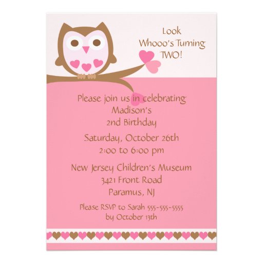 Pink Heart Owl Kids Birthday Invitation