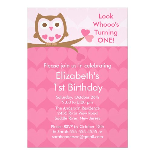 Pink Heart Owl Kids Birthday Invitation