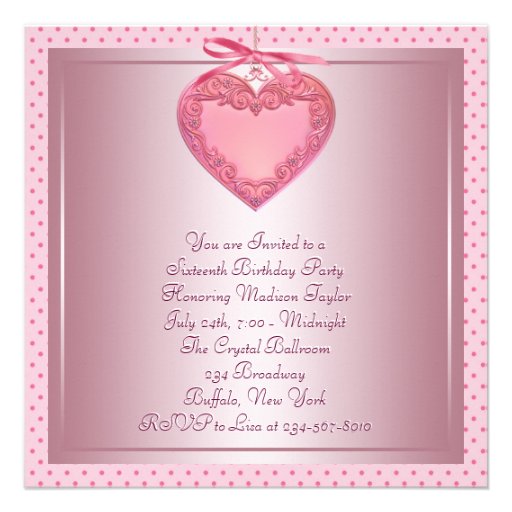 Pink Heart Pink Sweet 16 Birthday Party Announcement