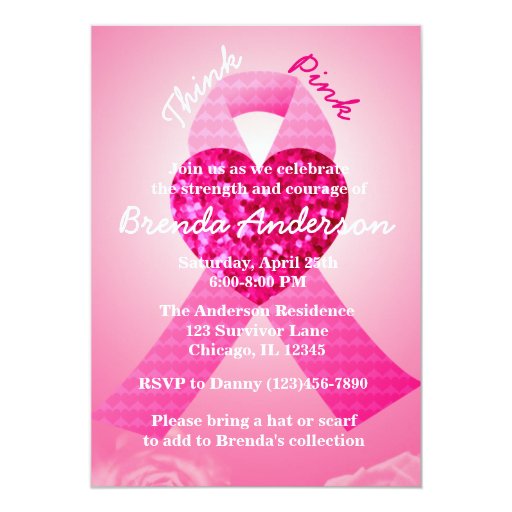 Pink Heart Ribbon Breast Cancer Awareness Party 5x7 Paper Invitation