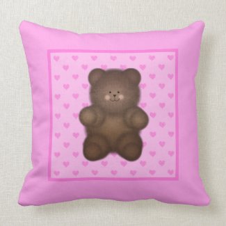 Pink Hearts and Teddy Bear Throw Pillow