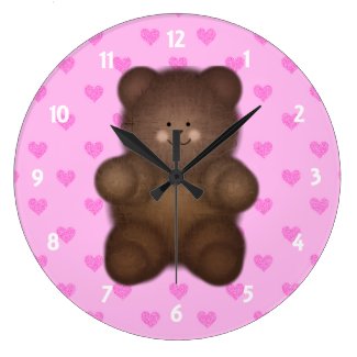 Pink Hearts: Teddy Bear Wall Clock On Blue
