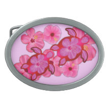 Pink Hibiscus And Honu Turtles Belt Buckle