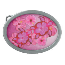 Pink Hibiscus And Honu Turtles Belt Buckles