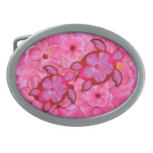 Pink Hibiscus And Honu Turtles Oval Belt Buckles