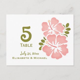 Pink Hibiscus Wedding Reception Table Number Card