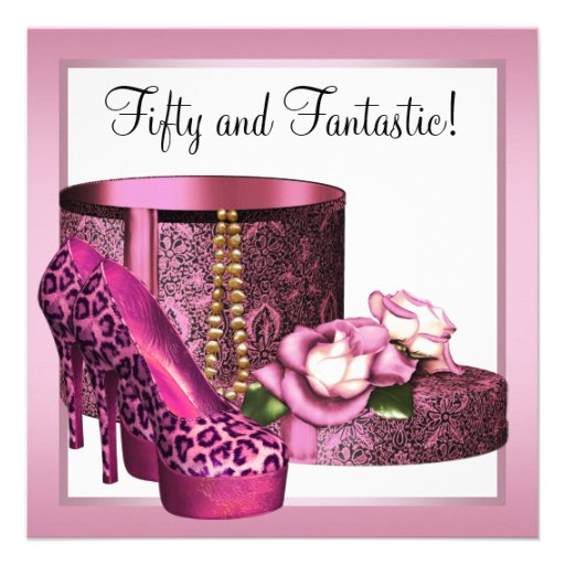 Pink High Heel Shoes Womans Leopard 50th Birthday Invite