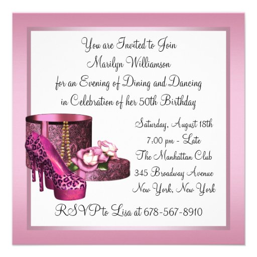 Pink High Heel Shoes Womans Leopard 50th Birthday Invite