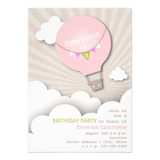 Pink Hot Air Balloon & Clouds Girl's Birthday Personalized Invitation