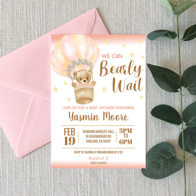 Pink Hot Air Balloon Teddy Bear Themed Baby Shower Invitation Zazzle