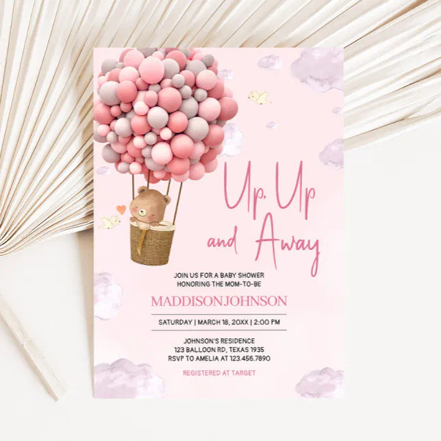 Pink Hot Air Balloon Up And Away Baby Shower Invitation Zazzle