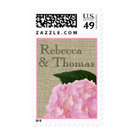Pink Hydrangea and Burlap Wedding Postage Stamps